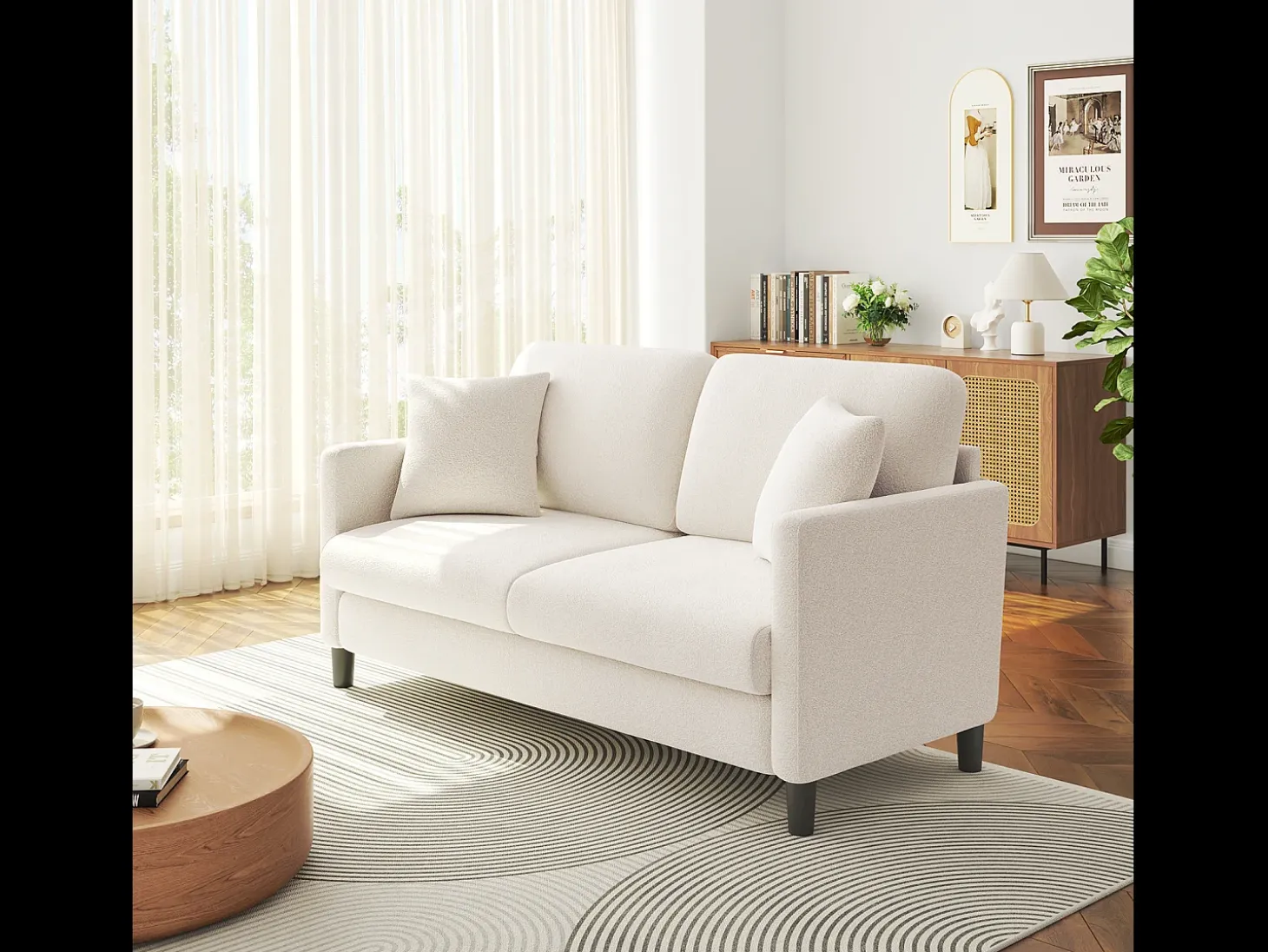 2/3 assentos em Teddy Velvet, sofá de conforto à direita em madeira maciça, sofá com apoios de braços, 165x78x89cm, bege