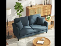 2/3 assentos em Teddy Velvet, sofá de conforto à direita em madeira maciça, amossa com apoios de braços, 165x78x89cm, azul-cinza-cinza