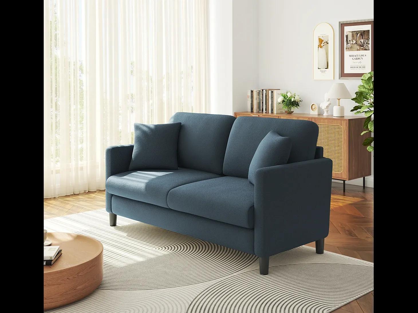 2/3 assentos em Teddy Velvet, sofá de conforto à direita em madeira maciça, amossa com apoios de braços, 165x78x89cm, azul-cinza-cinza