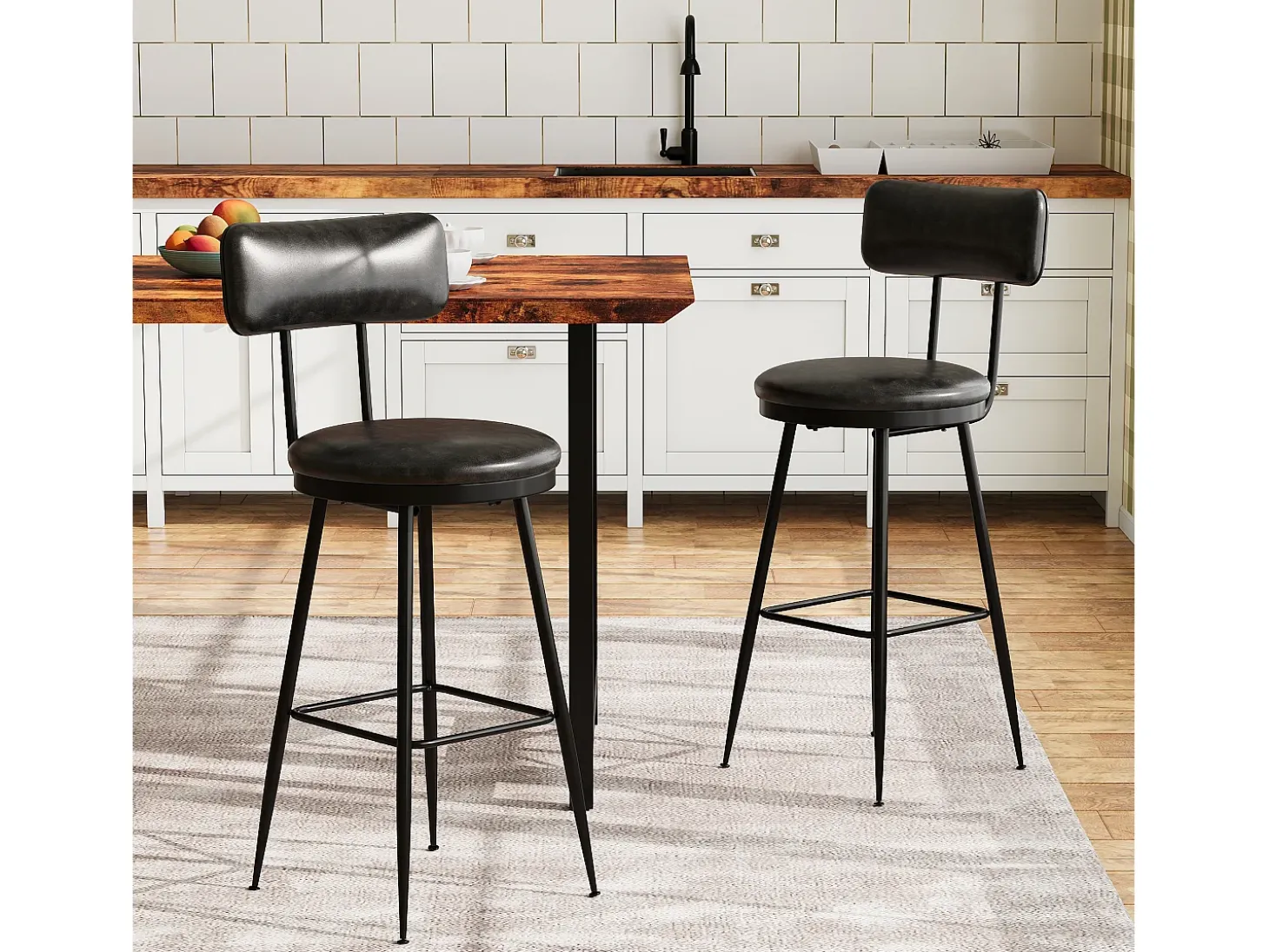 2 cadeiras de balcão pretas com encosto, couro sintético, altura do assento 65 cm, para cozinha