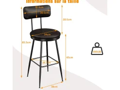 2 cadeiras de balcão pretas com encosto, couro sintético, altura do assento 65 cm, para cozinha