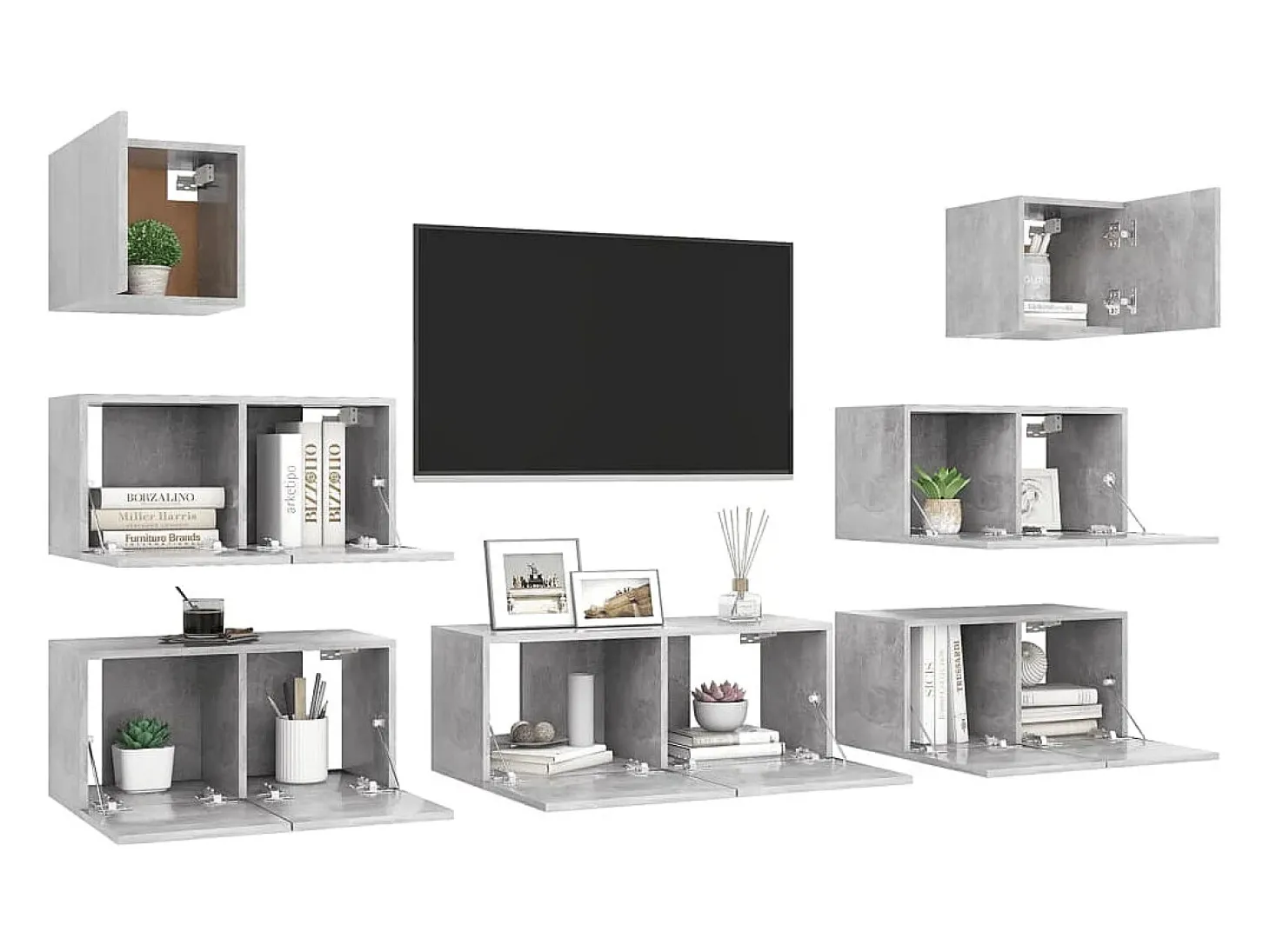7 pcs conjunto de móveis de TV derivados madeira cinza cimento PT630235