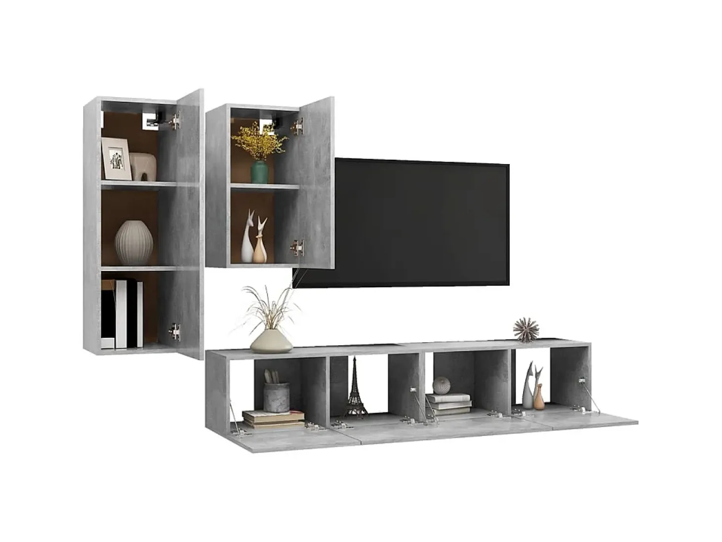 4 pcs conjunto de móveis de TV derivados madeira cinza cimento PT314764