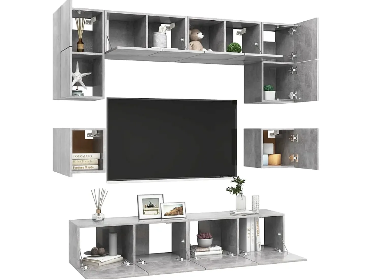 8 pcs conjunto de móveis TV derivados madeira cinzento cimento PT365267