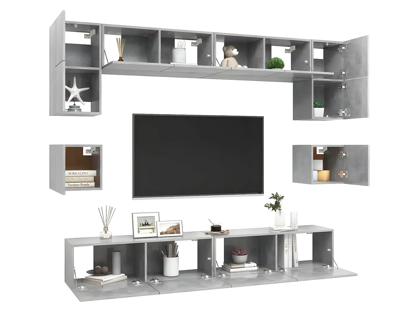 8 pcs conjunto de móveis TV derivados madeira cinzento cimento PT302026