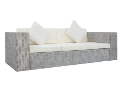 2 pcs conjunto de sofás com almofadões vime natural cinzento