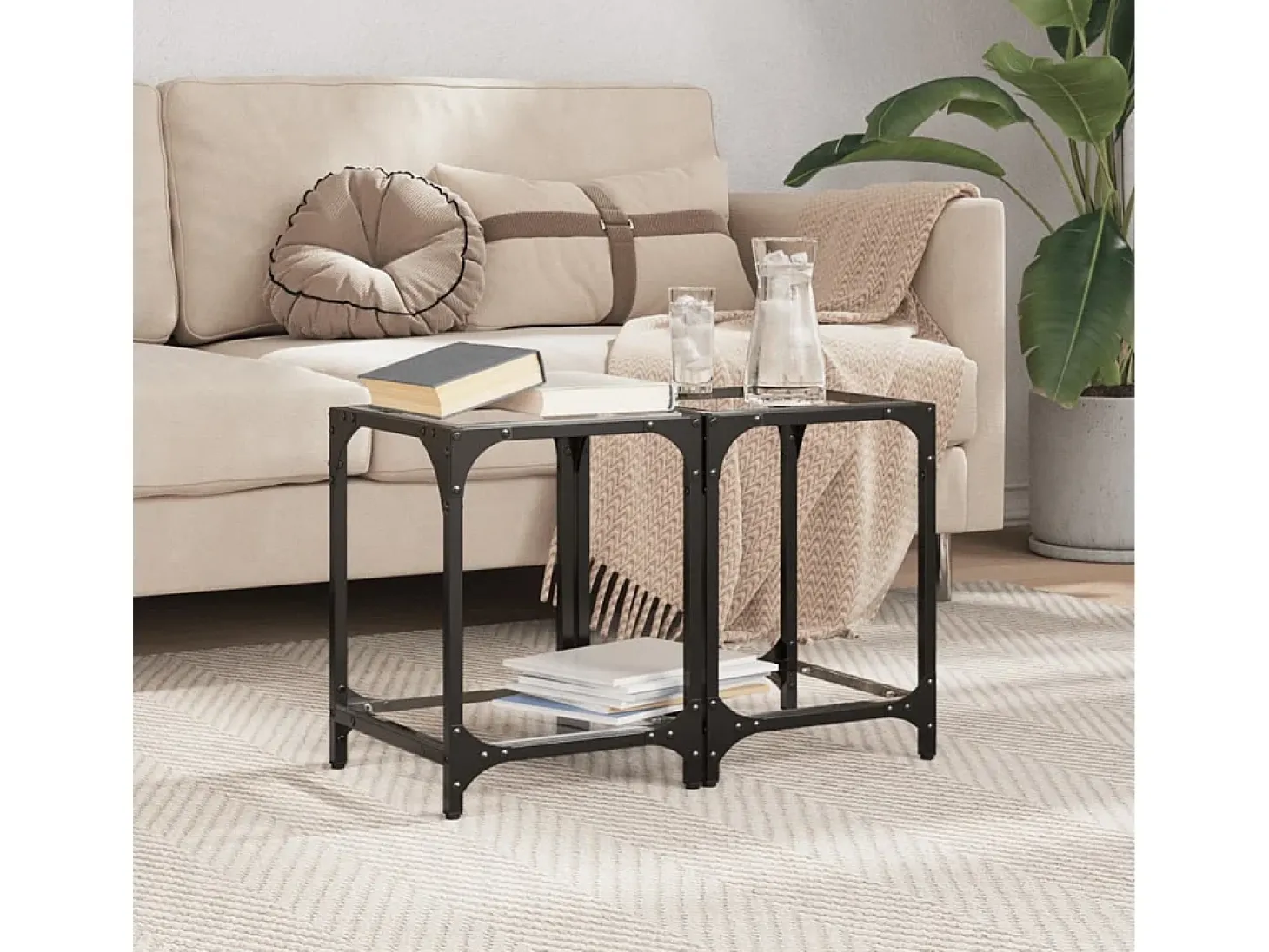 2 pcs Mesas de centro | Mesa de apoio | Mesa de café c/ topo vidro transparente 30x30x40cm aço
