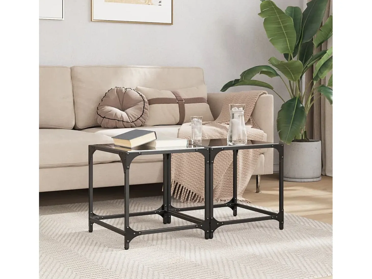 2 pcs Mesas de centro | Mesa de apoio | Mesa de café c/ topo em vidro preto 40x40x40 cm aço