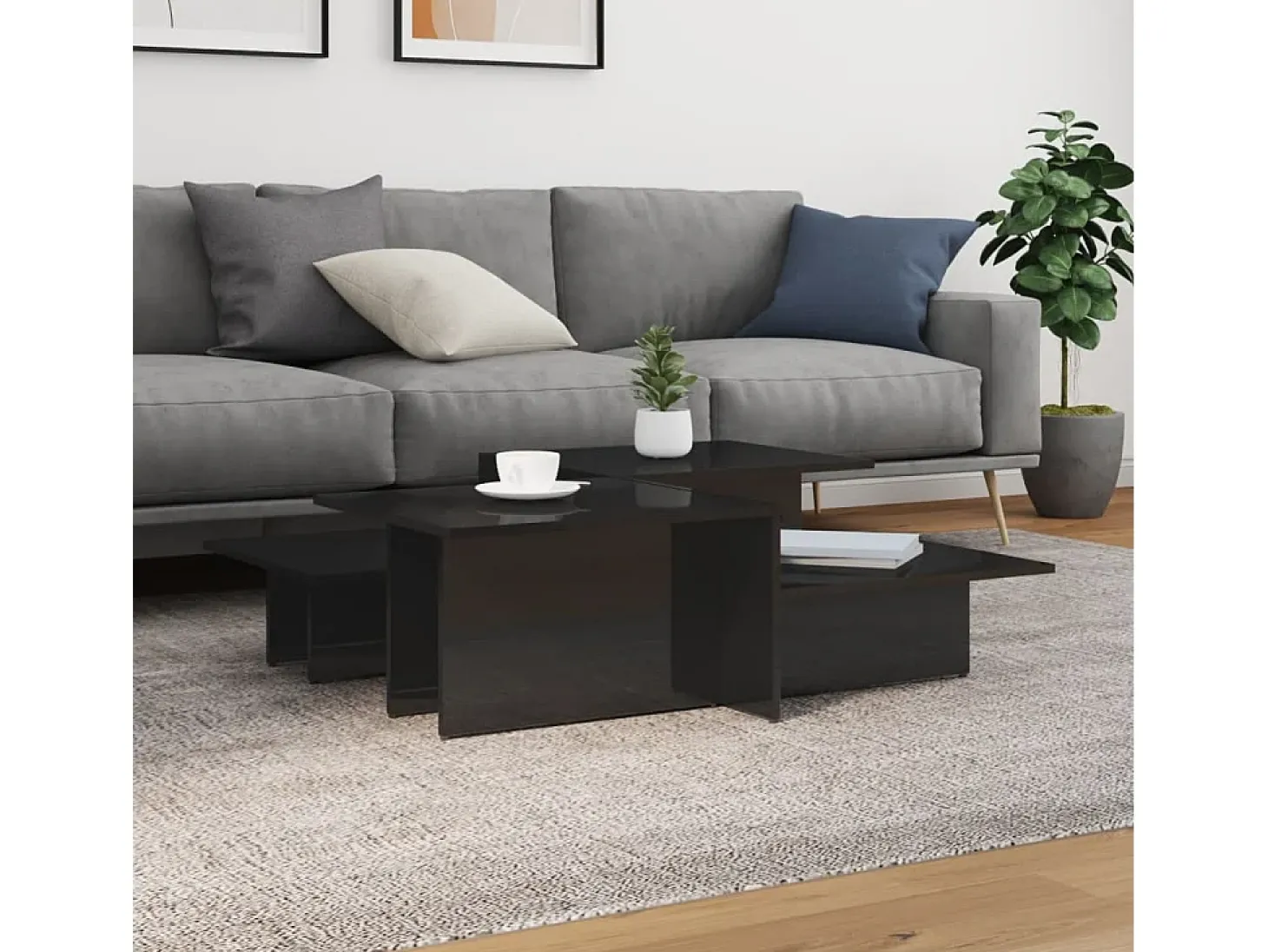 2 pcs Mesas de centro | Mesa de apoio | Mesa de café derivados de madeira preto brilhante