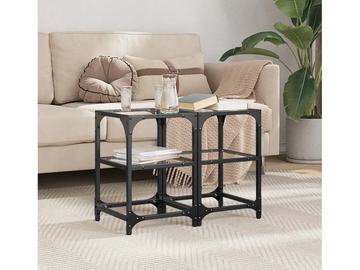 2 pcs Mesas de centro | Mesa de apoio | Mesa de café c/ tampo vidro transparente 30x30x45cm aço