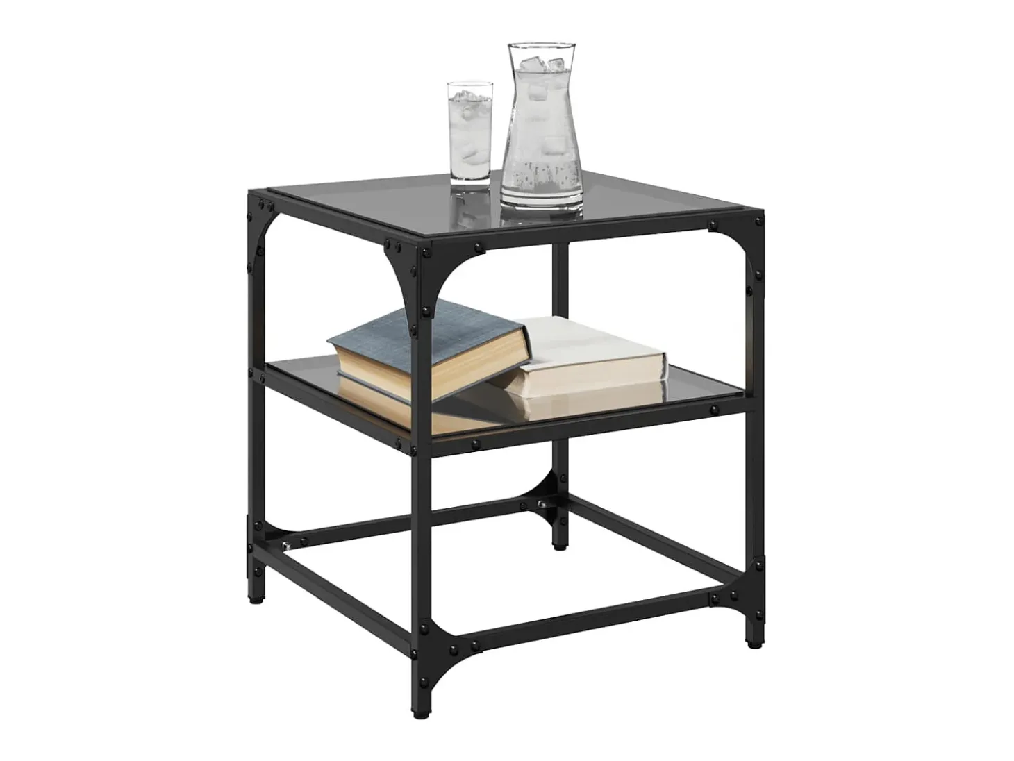 2 pcs Mesas de centro | Mesa de apoio | Mesa de café c/ topo em vidro preto 40x40x45 cm aço