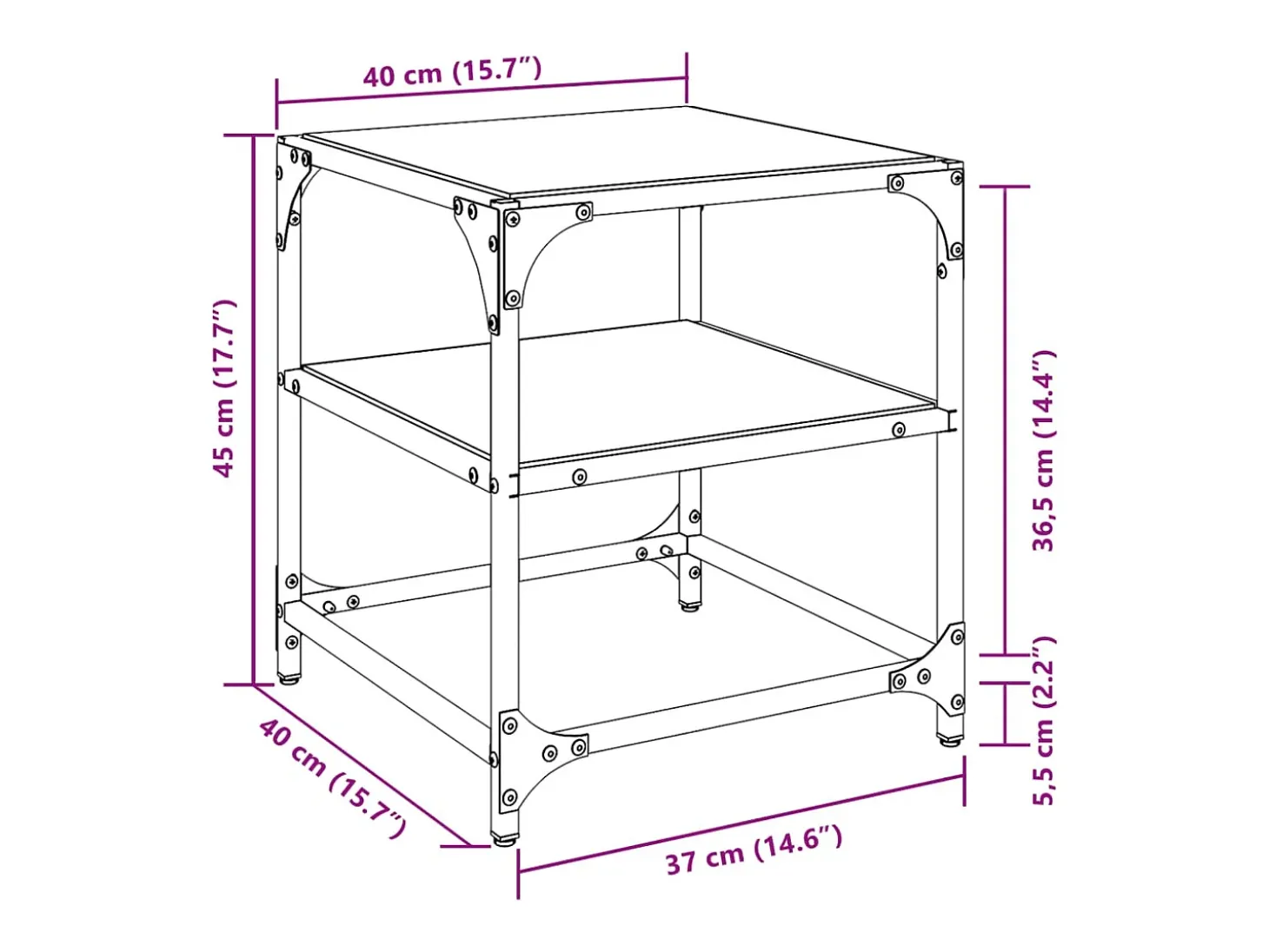 2 pcs Mesas de centro | Mesa de apoio | Mesa de café c/ topo em vidro preto 40x40x45 cm aço