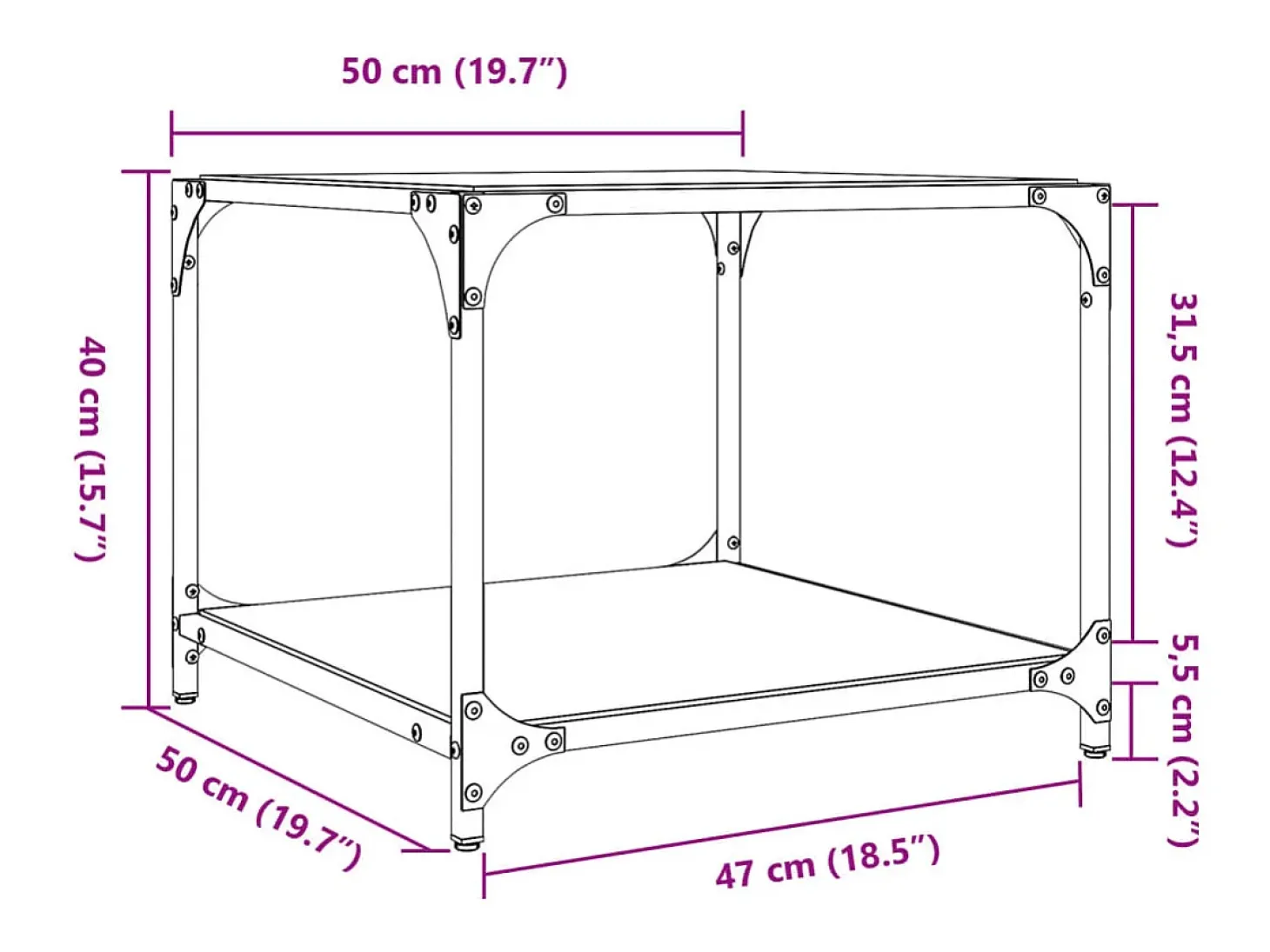 2 pcs Mesas de centro | Mesa de apoio | Mesa de café c/ topo vidro transparente 50x50x40cm aço