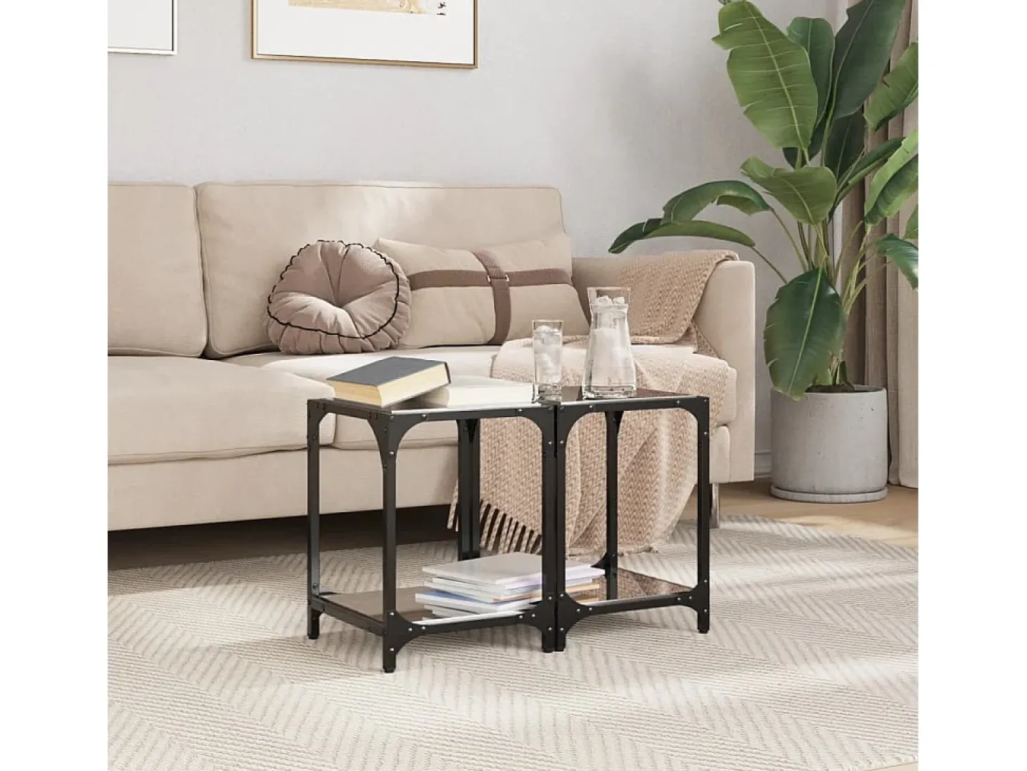 2 pcs Mesas de centro | Mesa de apoio | Mesa de café c/ topo em vidro preto 30x30x40 cm aço