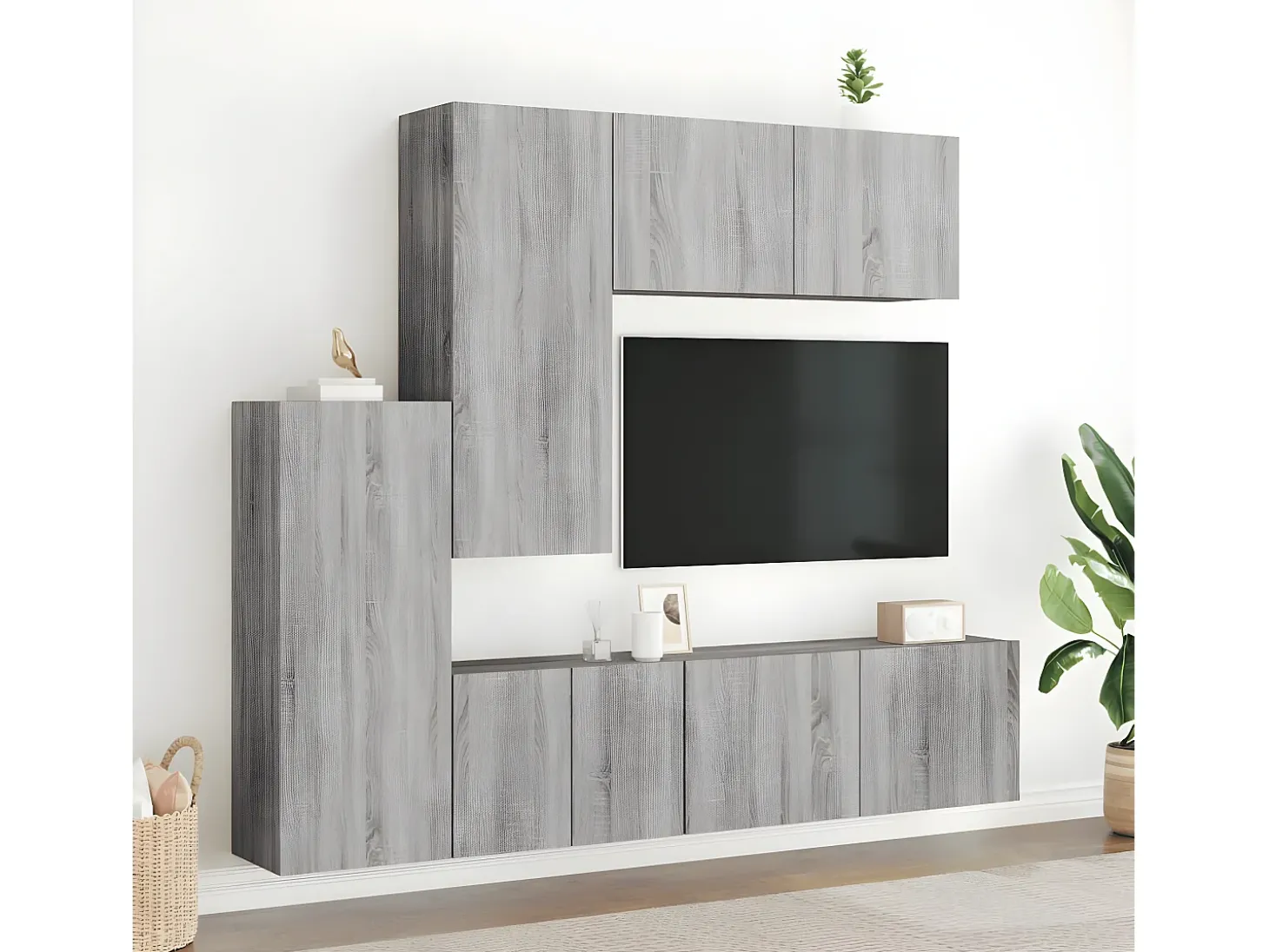 5 pcs móveis de parede p/ TV derivados de madeira cinza sonoma PT875765