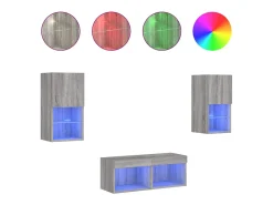 4 pcs móveis de parede para TV com luzes LED cinzento sonoma PT989323