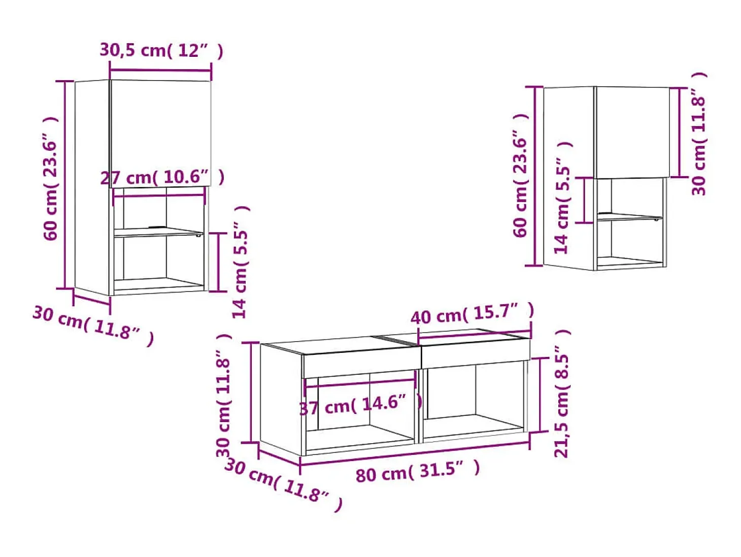 4 pcs móveis de parede para TV com luzes LED cinzento sonoma