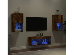 4 pcs móveis de parede para TV com luzes LED carvalho fumado