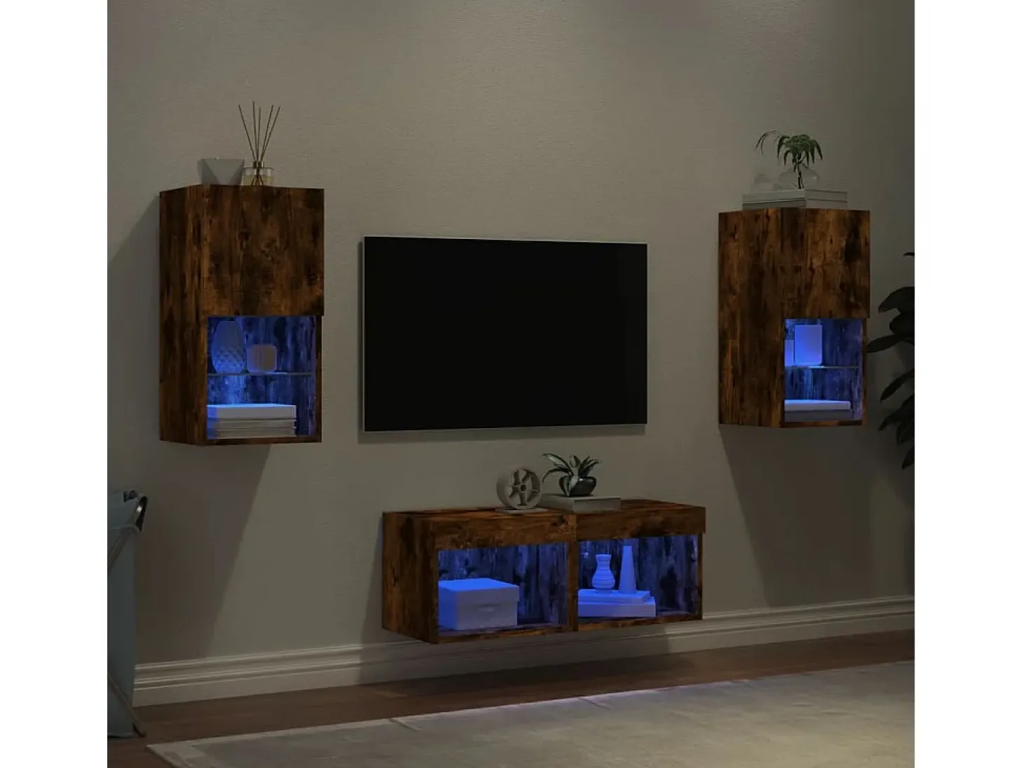 4 pcs móveis de parede para TV com luzes LED carvalho fumado