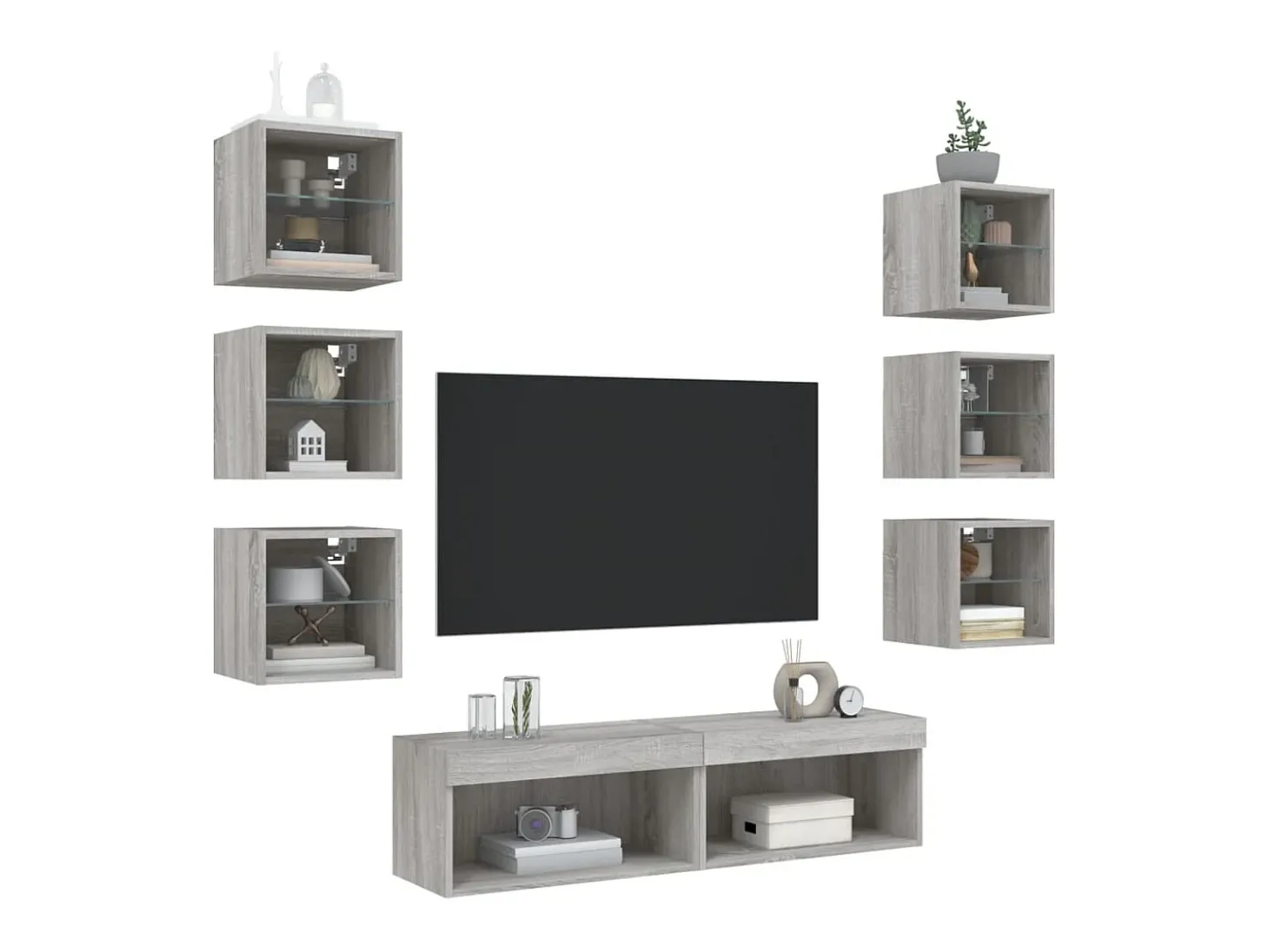 8 pcs móveis parede p/ TV c/ LEDs deriv. madeira cinza sonoma