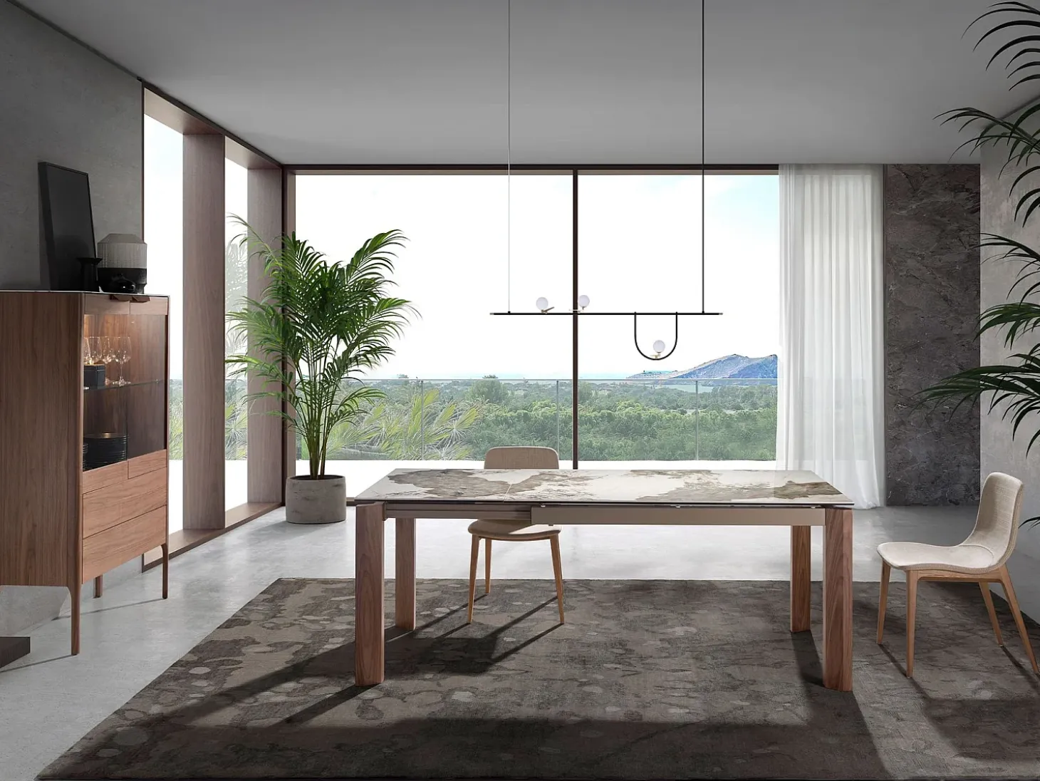 Aparador alto em nogueira com tampo de vidro em imitação de mármore e iluminação interior 3075 ANGEL CERDA