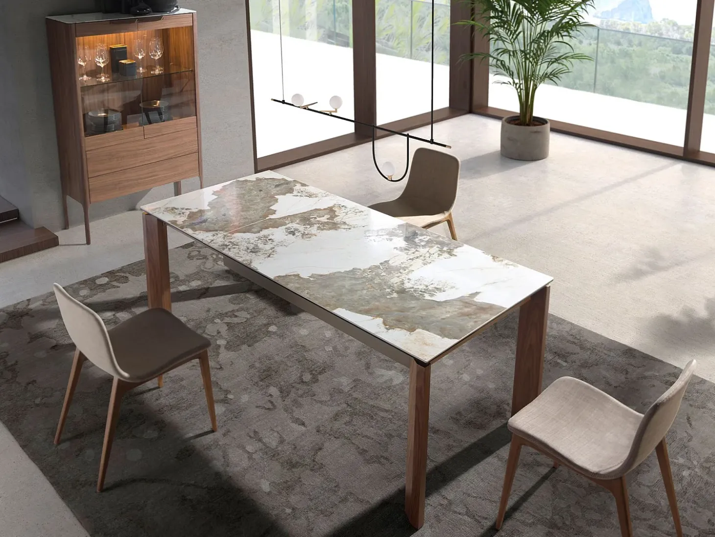 Aparador alto em nogueira com tampo de vidro em imitação de mármore e iluminação interior 3075 ANGEL CERDA