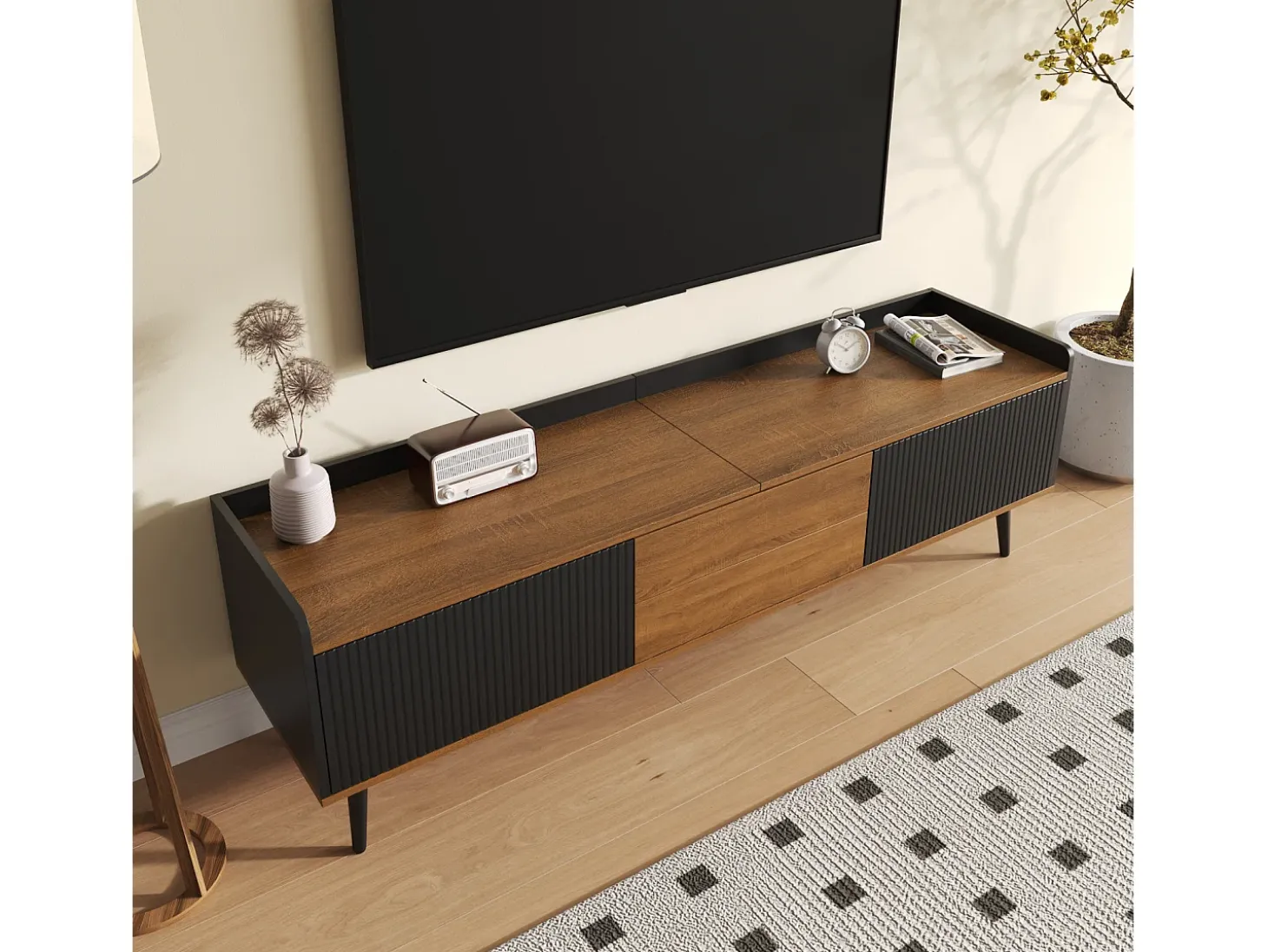 Aparador baixo de 3 portas com prateleira, 160 cm de altura, para TV, moderno, ideal para sala de estar, na cor preta.