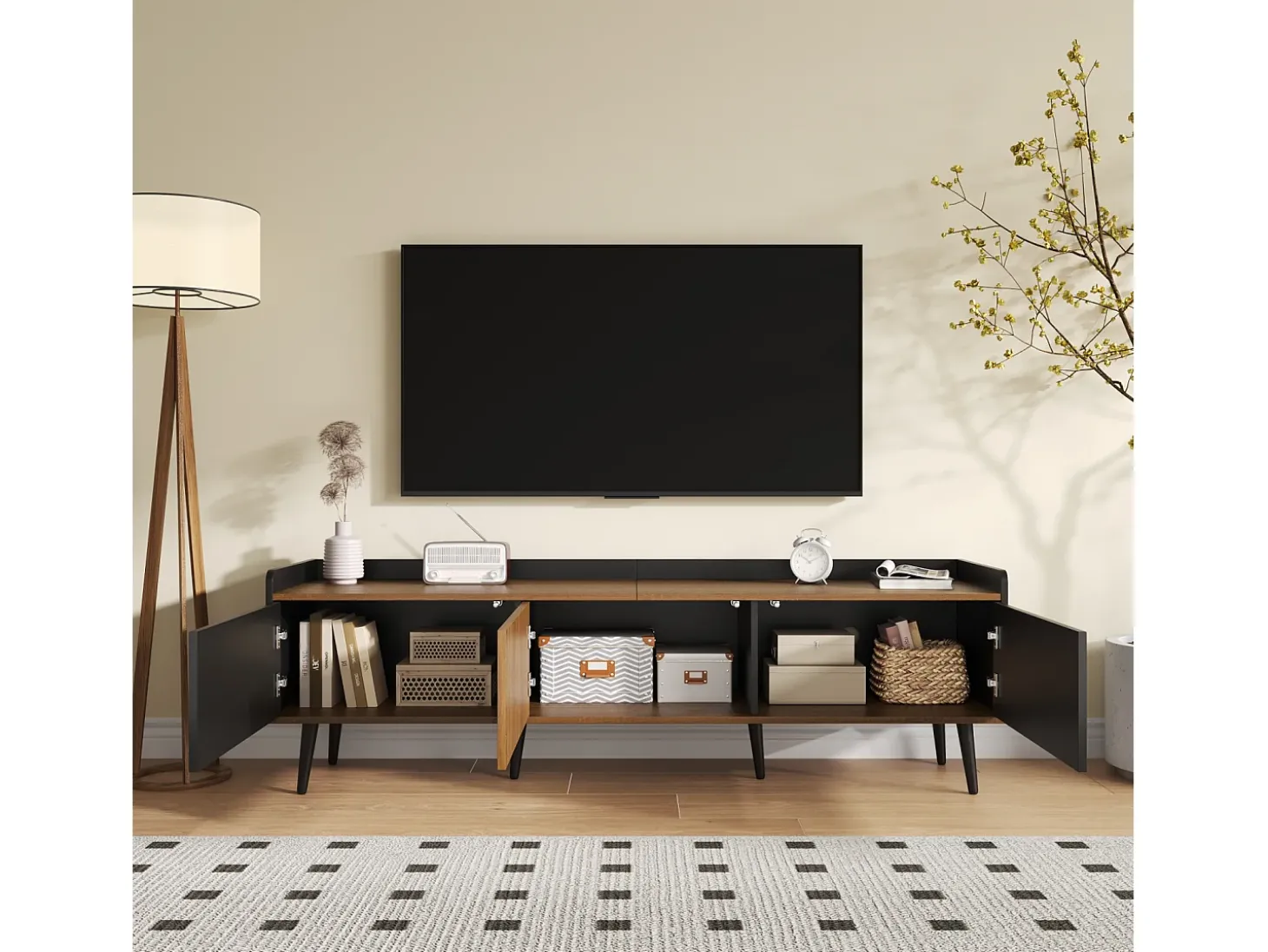 Aparador baixo de 3 portas com prateleira, 160 cm de altura, para TV, moderno, ideal para sala de estar, na cor preta.