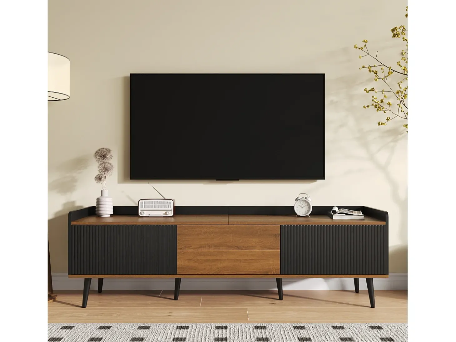 Aparador baixo de 3 portas com prateleira, 160 cm de altura, para TV, moderno, ideal para sala de estar, na cor preta.