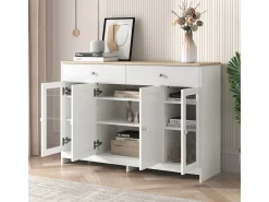 Aparador com acabamento em madeira branca, 4 portas, 2 gavetas e portas de vidro, ideal para sala de estar/jantar.