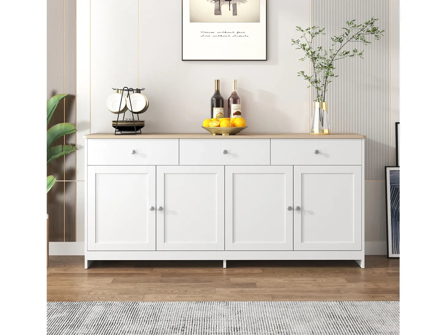 Aparador com acabamento em madeira branca, armário de cozinha com bancada, 160 x 37 x 75 cm, branco