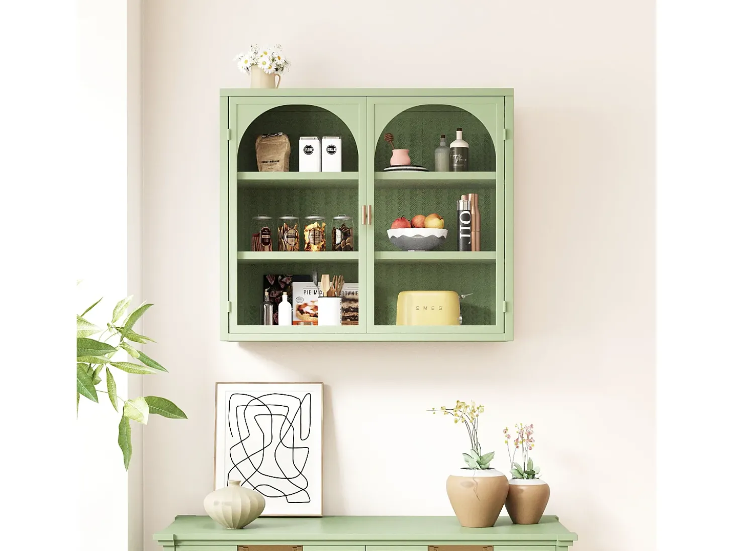 Aparador de parede com 2 portas de vidro curvas - Para cozinha e banheiro - Verde - 70 × 23 × 60 cm
