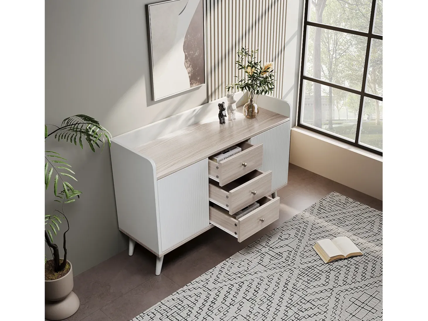 Aparador moderno com 2 portas 3 gavetas - prateleira de armazenamento - grão requintado - cores branco e bege