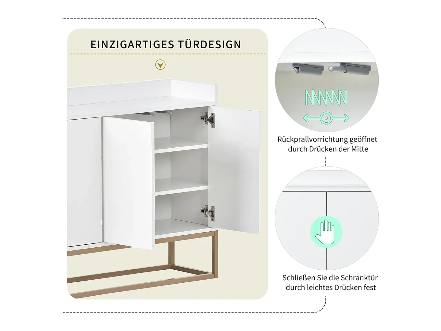 Aparador Moderno Minimalista 120cm com 4 Portas, Estrutura em Metal e Prateleiras Ajustáveis – Branco e Dourado