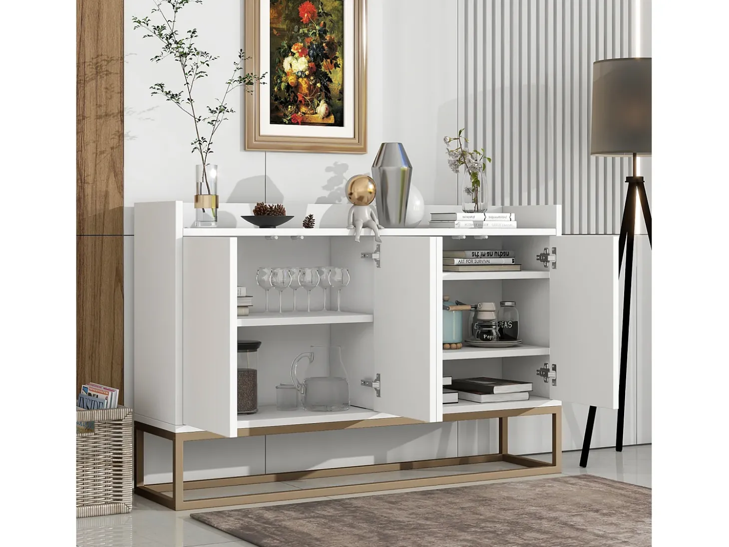 Aparador Moderno Minimalista 120cm com 4 Portas, Estrutura em Metal e Prateleiras Ajustáveis – Branco e Dourado