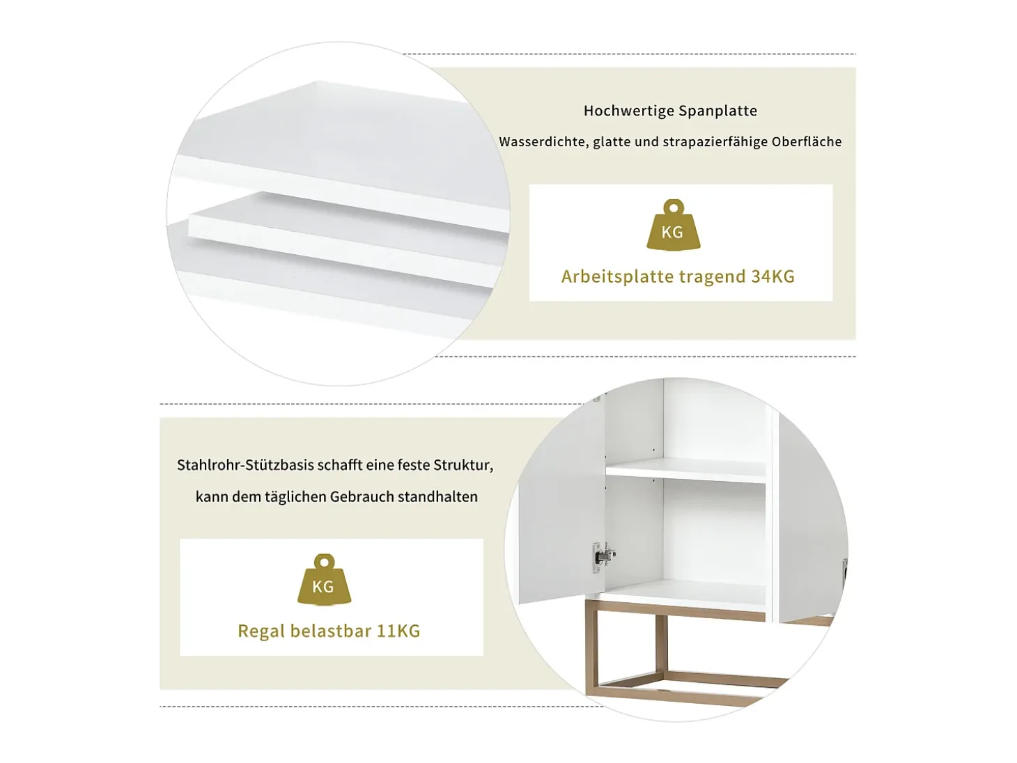 Aparador Moderno Minimalista 120cm com 4 Portas, Estrutura em Metal e Prateleiras Ajustáveis – Branco e Dourado