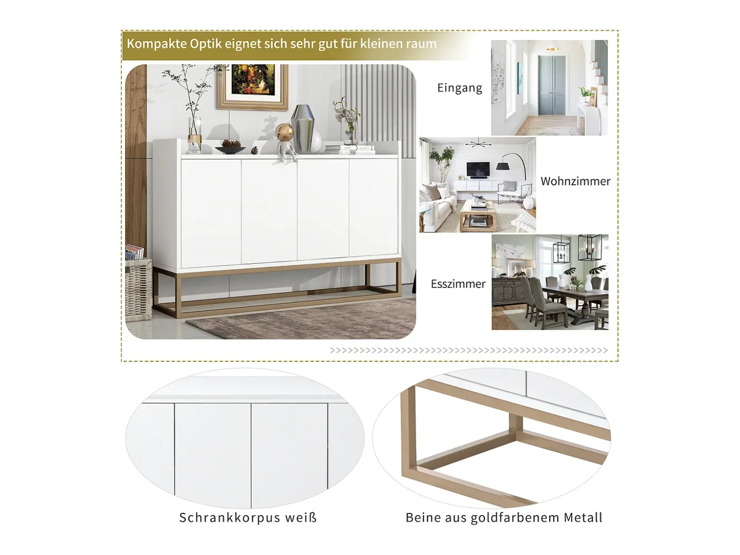 Aparador Moderno Minimalista 120cm com 4 Portas, Estrutura em Metal e Prateleiras Ajustáveis – Branco e Dourado