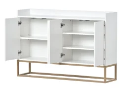 Aparador Moderno Minimalista 120cm com 4 Portas, Estrutura em Metal e Prateleiras Ajustáveis – Branco e Dourado