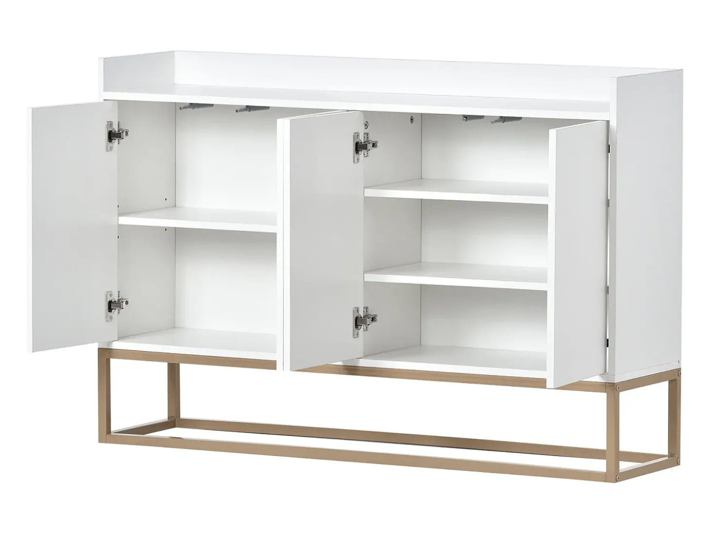 Aparador Moderno Minimalista 120cm com 4 Portas, Estrutura em Metal e Prateleiras Ajustáveis – Branco e Dourado