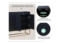 Aparador Moderno Minimalista 120cm com 4 Portas, Estrutura em Metal e Prateleiras Ajustáveis – preto e Dourado