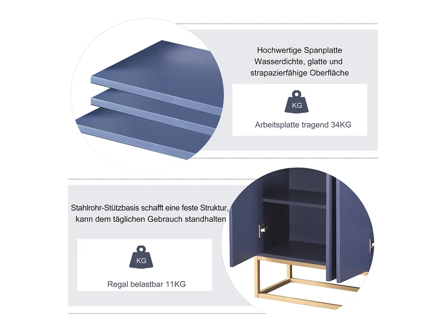 Aparador Moderno Minimalista 120cm com 4 Portas, Estrutura em Metal e Prateleiras Ajustáveis – Azul e Dourado