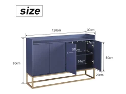 Aparador Moderno Minimalista 120cm com 4 Portas, Estrutura em Metal e Prateleiras Ajustáveis – Azul e Dourado