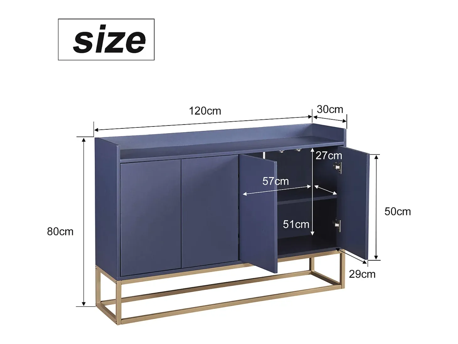 Aparador Moderno Minimalista 120cm com 4 Portas, Estrutura em Metal e Prateleiras Ajustáveis – Azul e Dourado