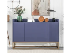 Aparador Moderno Minimalista 120cm com 4 Portas, Estrutura em Metal e Prateleiras Ajustáveis – Azul e Dourado