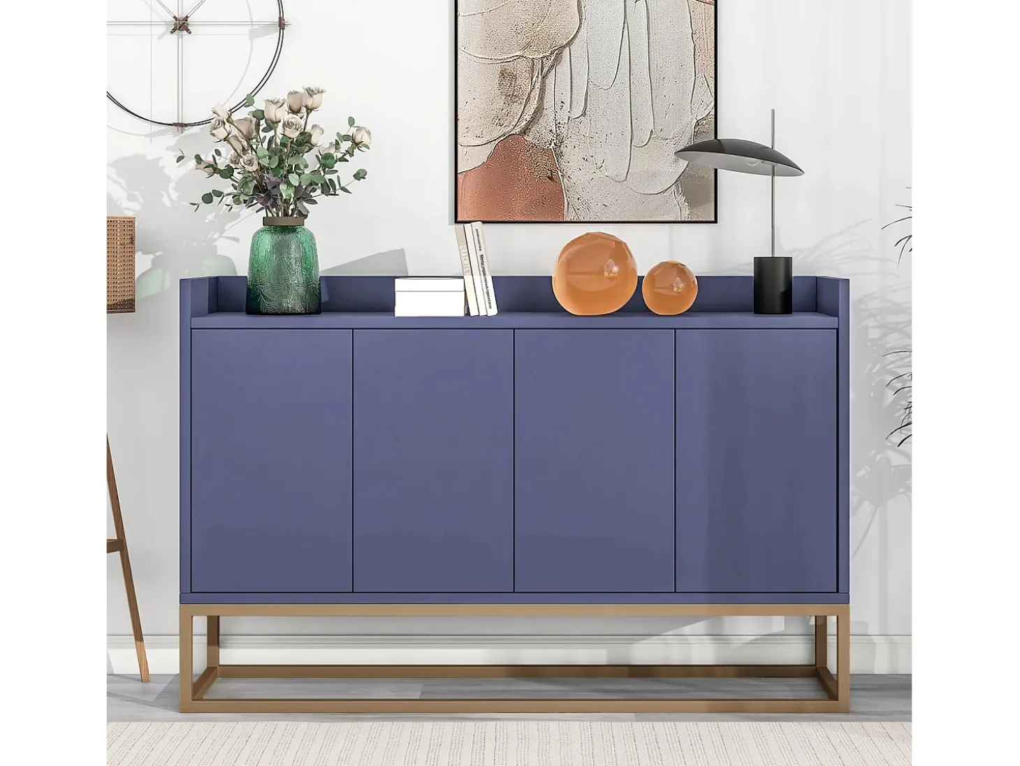 Aparador Moderno Minimalista 120cm com 4 Portas, Estrutura em Metal e Prateleiras Ajustáveis – Azul e Dourado