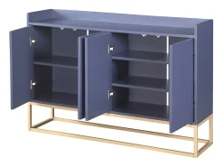 Aparador Moderno Minimalista 120cm com 4 Portas, Estrutura em Metal e Prateleiras Ajustáveis – Azul e Dourado