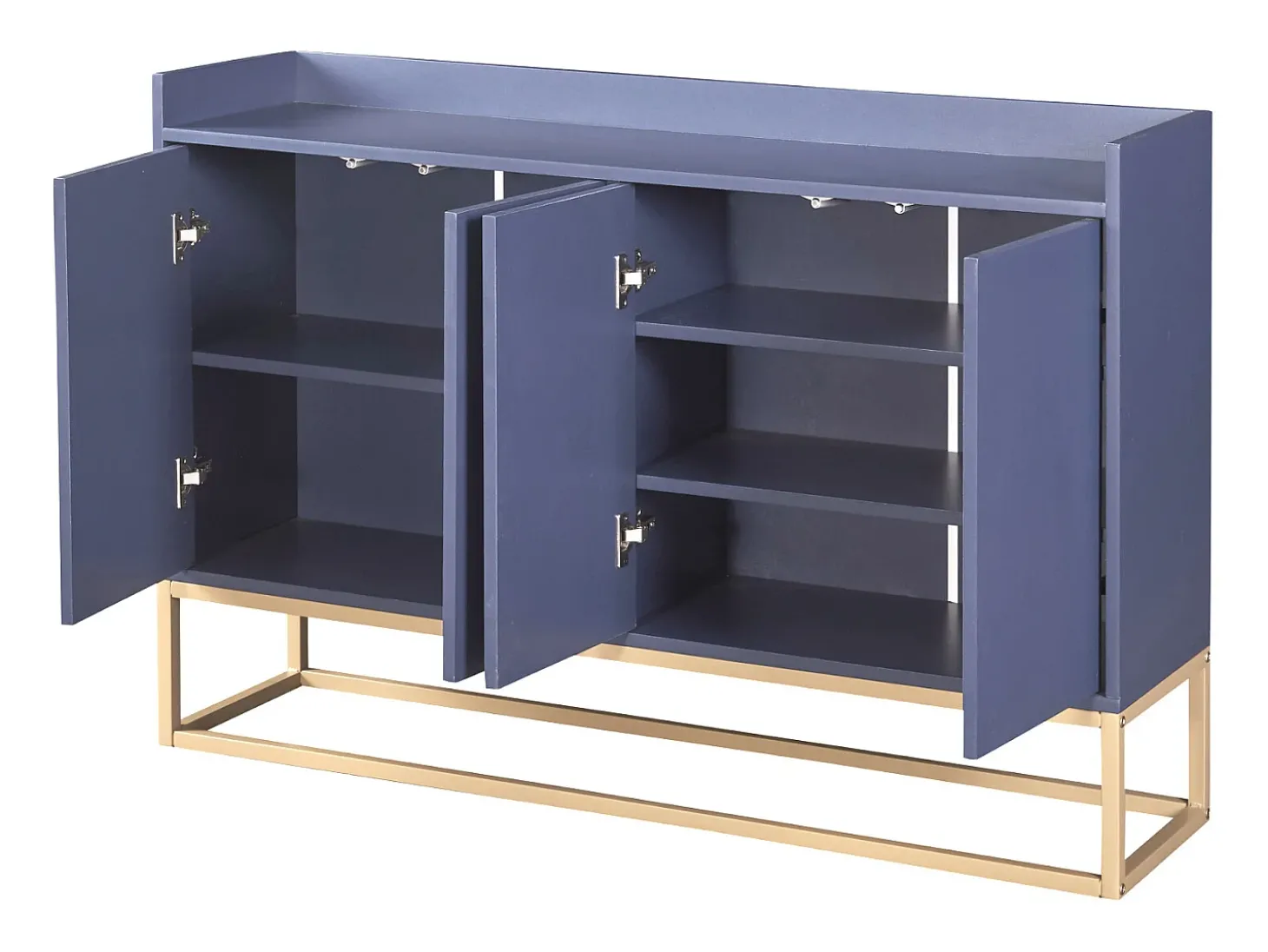 Aparador Moderno Minimalista 120cm com 4 Portas, Estrutura em Metal e Prateleiras Ajustáveis – Azul e Dourado
