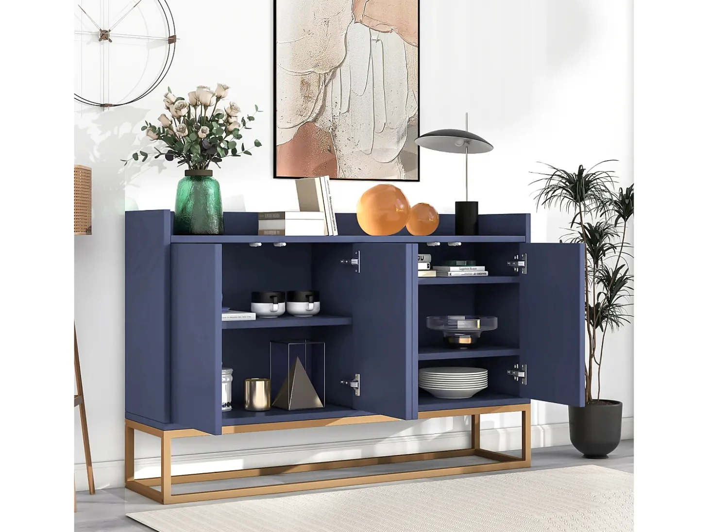 Aparador Moderno Minimalista 120cm com 4 Portas, Estrutura em Metal e Prateleiras Ajustáveis – Azul e Dourado