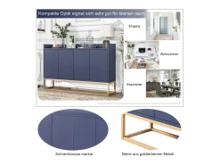Aparador Moderno Minimalista 120cm com 4 Portas, Estrutura em Metal e Prateleiras Ajustáveis – Azul e Dourado