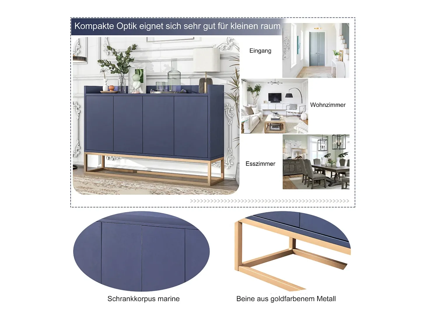 Aparador Moderno Minimalista 120cm com 4 Portas, Estrutura em Metal e Prateleiras Ajustáveis – Azul e Dourado